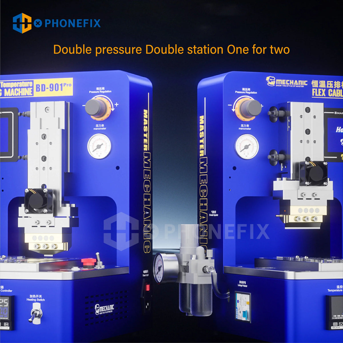 PhoneFix Mechanic BD-901 Pro thermostatic flex cable pressing bonding machine used for screen refurbishing, with control panel and pressing arm.