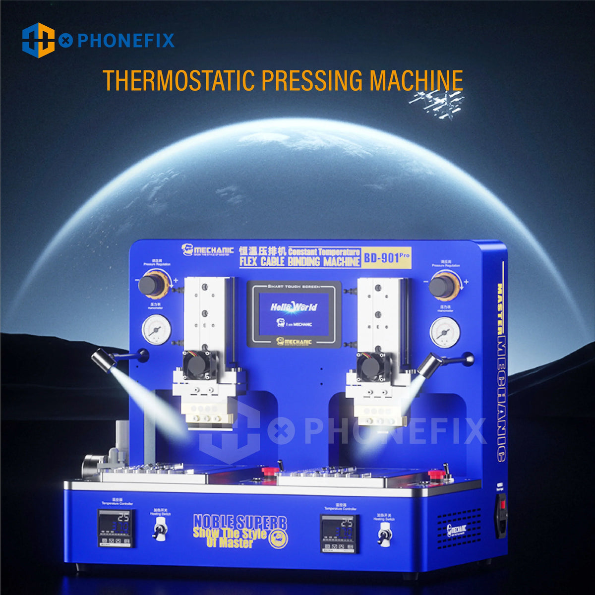 Phonefix BD-901 Pro thermostatic flex cable pressing bonding machine used for screen refurbishing, with control panel and pressing arm.