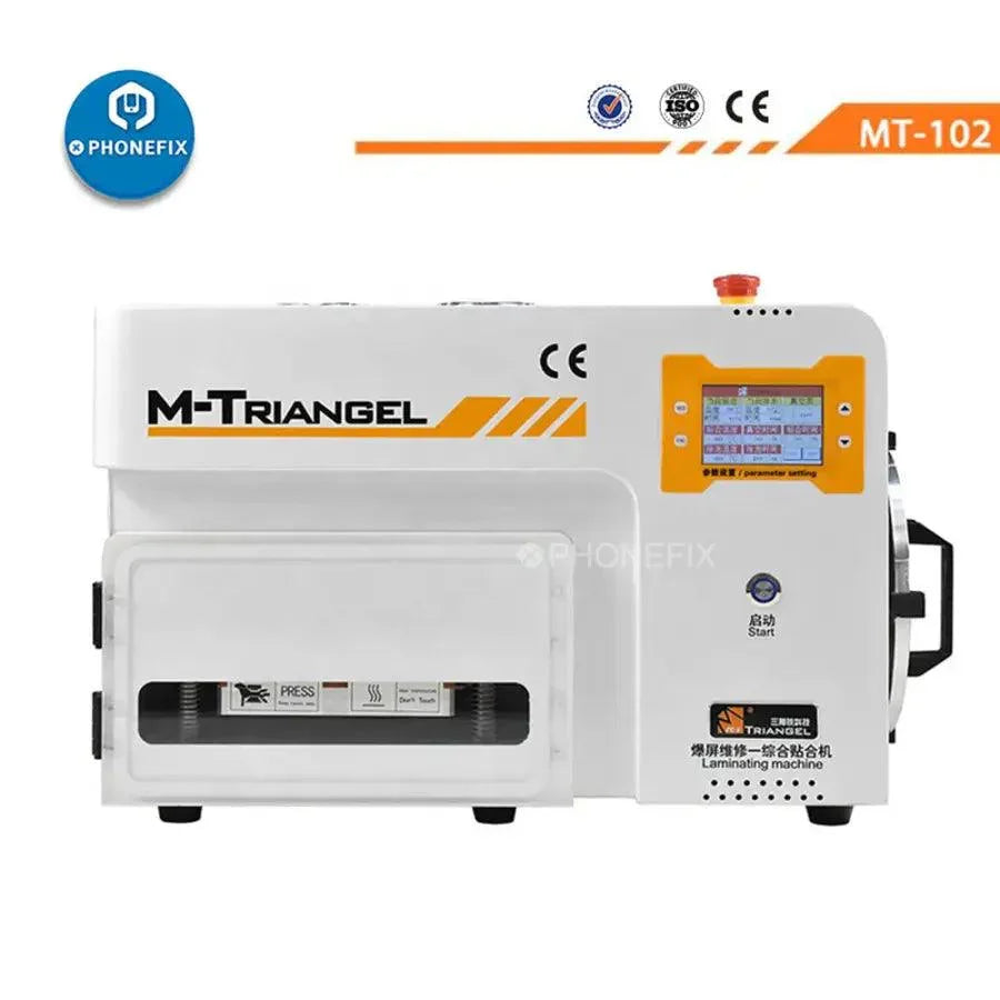 Phonefix M-Triangel MT-102 vacuum OCA laminating machine for curved screen repair, used in phone screen refurbishment process.