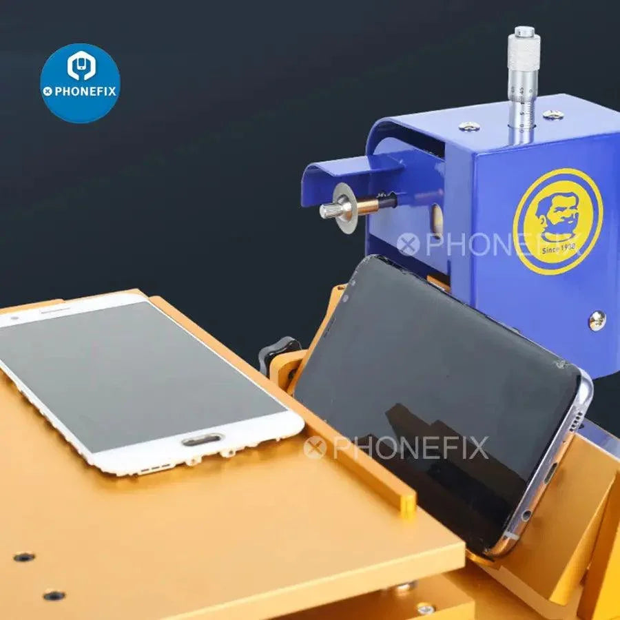Refurbished MECHANIC TG50 screen cutting machine for phone screen repair by PHONEFIX, showcasing precise edge cutting tools.
