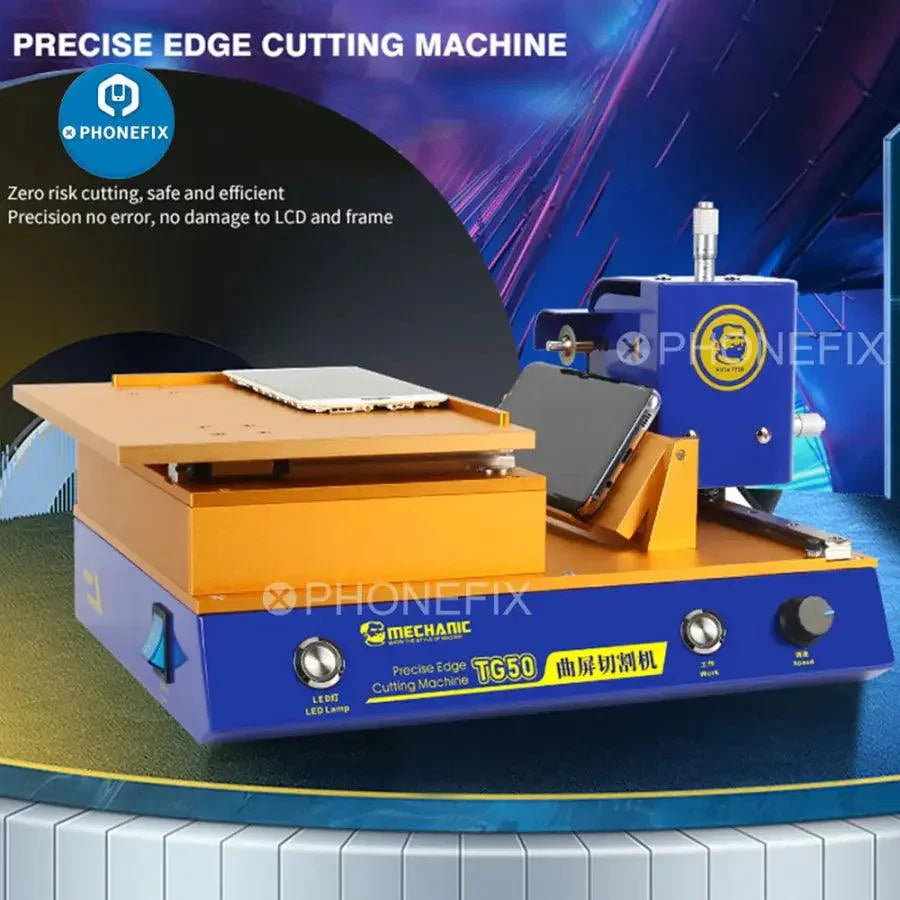 Refurbished MECHANIC TG50 screen cutting machine by PHONEFIX for precise edge repair of phone screens.
