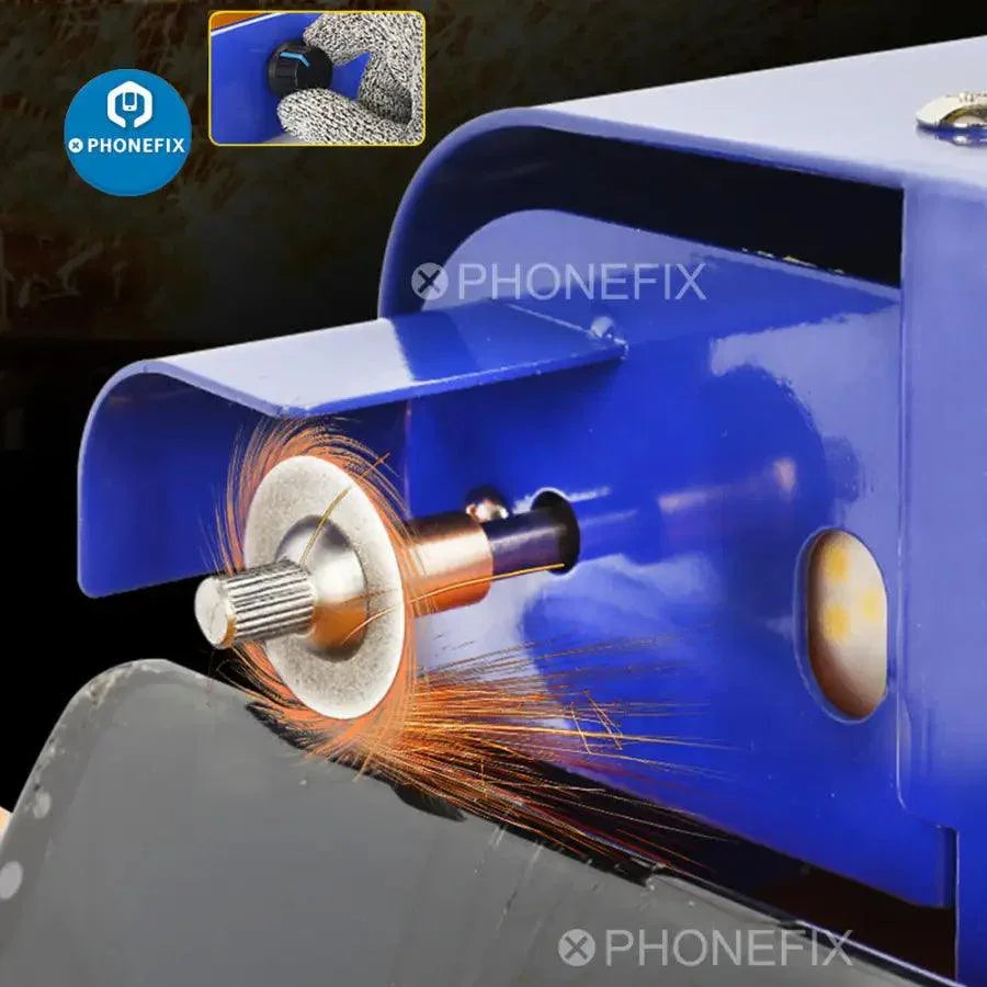 Refurbished MECHANIC TG50 screen cutting machine by PHONEFIX for precise edge finishing of phone screens, shown in operation.