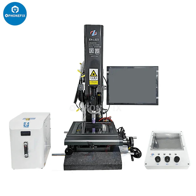 PHONEFIX EN-LS23 ITO laser screen refurbishing machine for phone LCD and OLED repair, shown with its components.