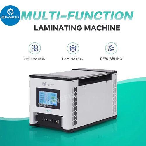 PhoneFix REFOX FM-30 LCD laminating and separating bubble remover for screen refurbishing, with LCD screen and control panel visible.