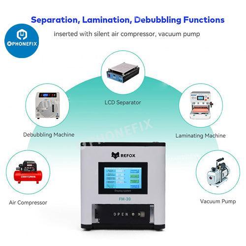 PhoneFix REFOX FM-30 LCD laminating and separating bubble remover machine for screen refurbishing, with LCD display and US plug