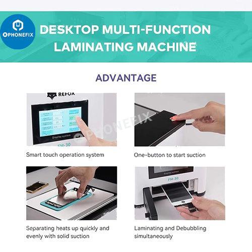 PHONEFIX REFOX FM-30 FM40 LCD laminating separating bubble remover for screen refurbishing, with LCD display and US plug.