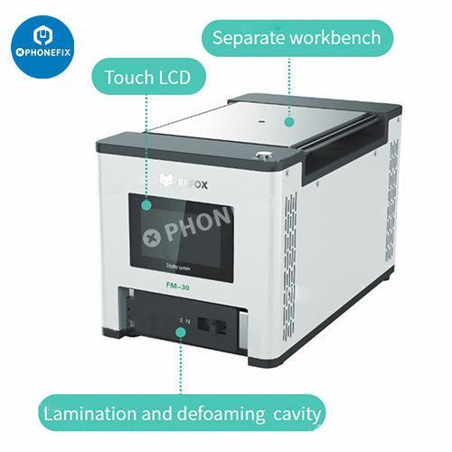 PhoneFix REFOX FM-30 FM40 LCD laminating separating bubble remover for screen refurbishing, with LCD display and US plug.