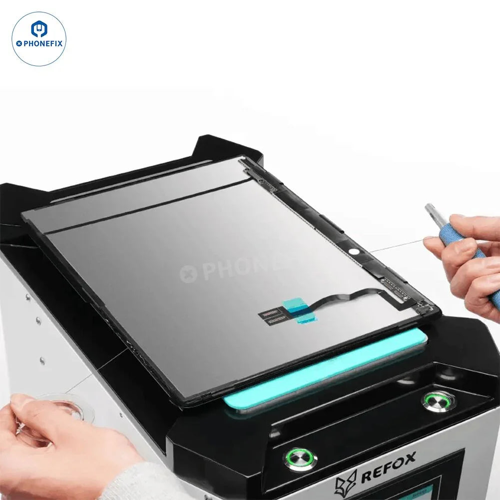 PhoneFix REFOX FM-30 FM40 LCD laminating and separating bubble remover machine for screen refurbishing with LCD display.