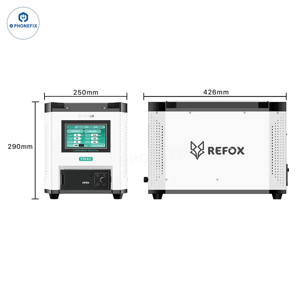 PhoneFix REFOX FM-30 FM40 LCD laminating and separating bubble remover for screen refurbishing, with LCD display and US plug.