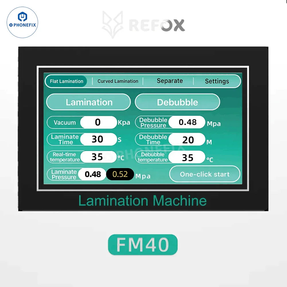 PhoneFix REFOX FM-30 FM40 LCD laminating and separating bubble remover for screen refurbishing, with LCD display and US plug.