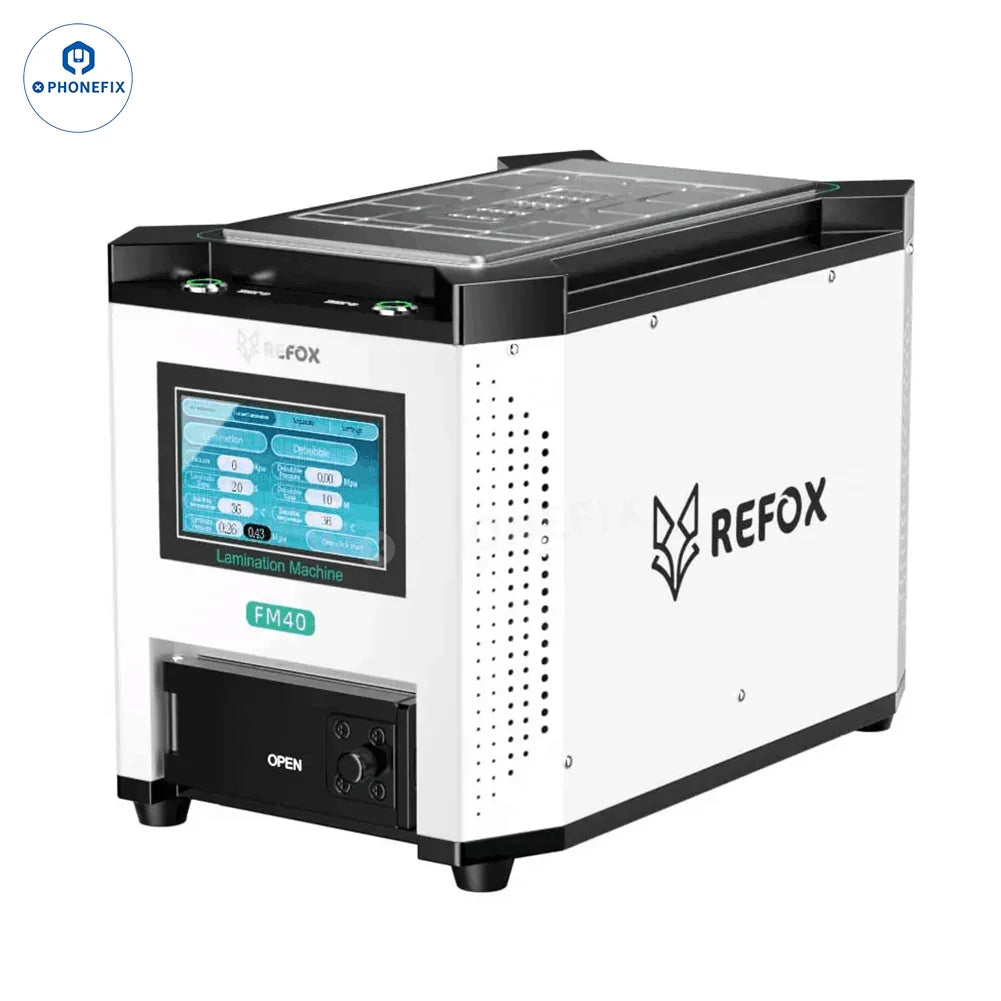 PhoneFix REFOX FM-30 FM40 LCD laminating and separating bubble remover machine for screen refurbishing, with LCD display and US plug.