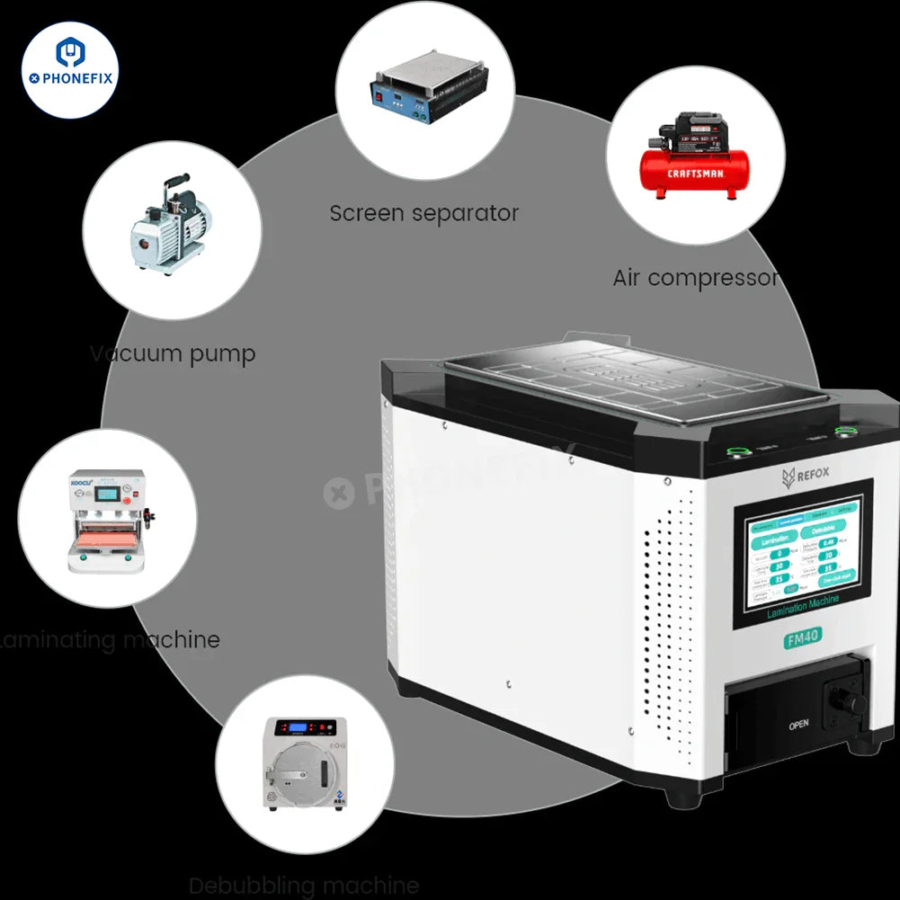 PhoneFix REFOX FM-30 FM40 LCD laminating and separating bubble remover machine for screen refurbishing, with LCD display and US plug.