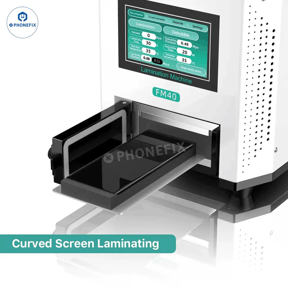 PhoneFix REFOX FM-30 FM40 LCD laminating and separating bubble remover machine for screen refurbishing, with LCD display and US plug.