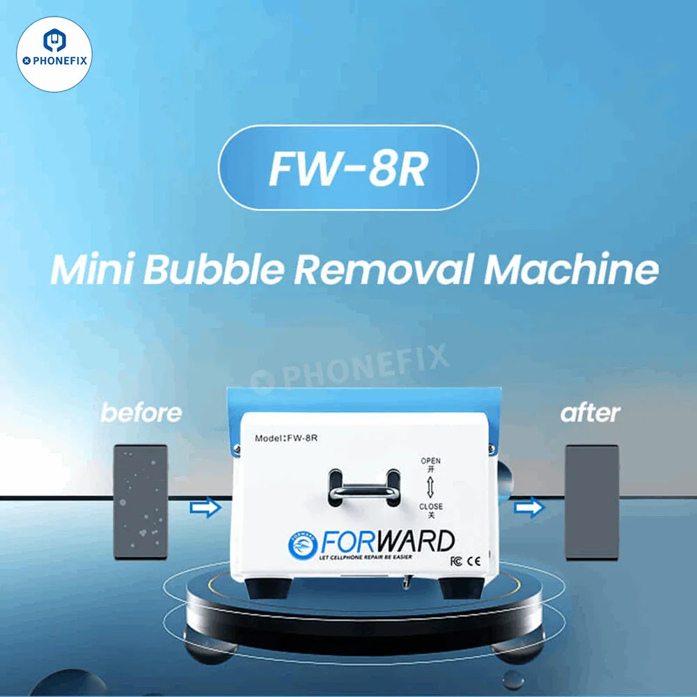 PhoneFix FW-8R and FW-16R screen refurbishing machines for bubble removal on phones and tablets, with control panel and screen holder.
