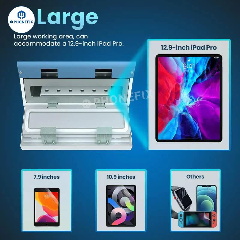 PhoneFix FW-8R and FW-16R screen bubble removal machine for phone and tablet screen refurbishing, compact device with control panel