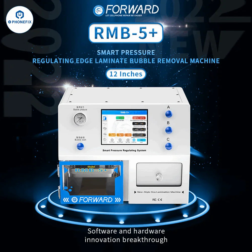 PhoneFix RMB-5 Plus Screen OCA Lamination Bubble Removal Machine for screen refurbishing, with control panel and LCD display.