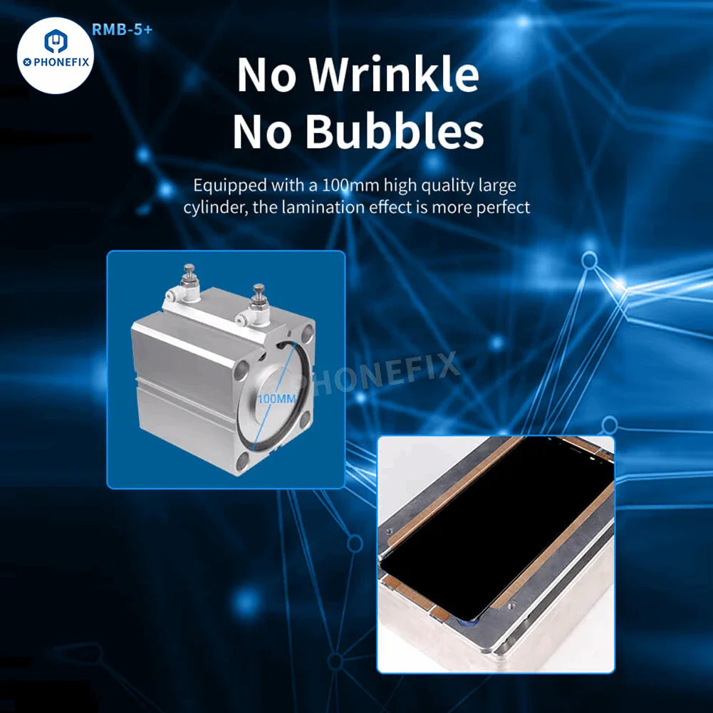 PHONEFIX RMB-5 Plus Screen OCA Lamination Bubble Removal Machine for screen refurbishing, featuring control panel and compact design.