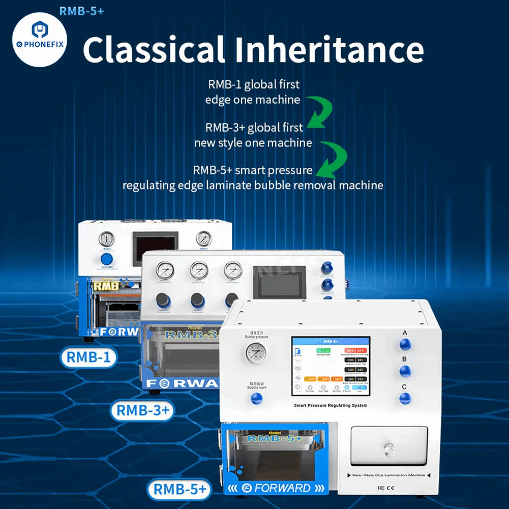 PhoneFix RMB-5 Plus Screen OCA Lamination Bubble Removal Machine for phone screen refurbishing, with control panel and display.