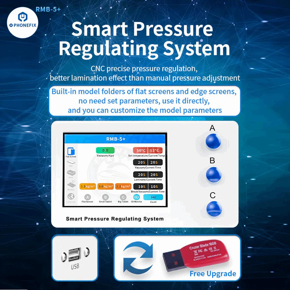 PhoneFix RMB-5 Plus Screen OCA Lamination Bubble Removal Machine for screen refurbishing, shown in a professional workspace setting.