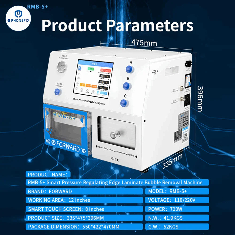 PhoneFix RMB-5 Plus Screen OCA Lamination Bubble Removal Machine for screen refurbishing, with control panel and lamination platform.