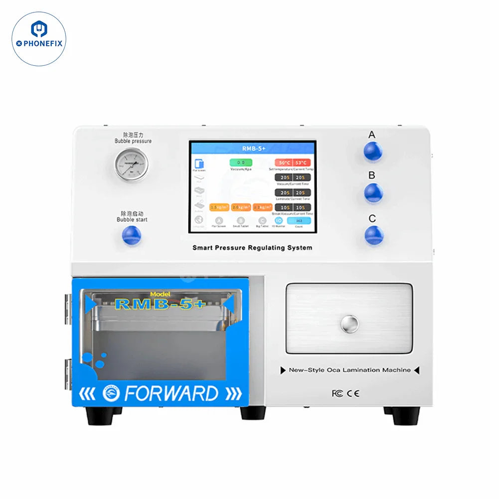 PhoneFix RMB-5 Plus screen OCA lamination bubble removal machine for screen refurbishing, with control panel and compact design.