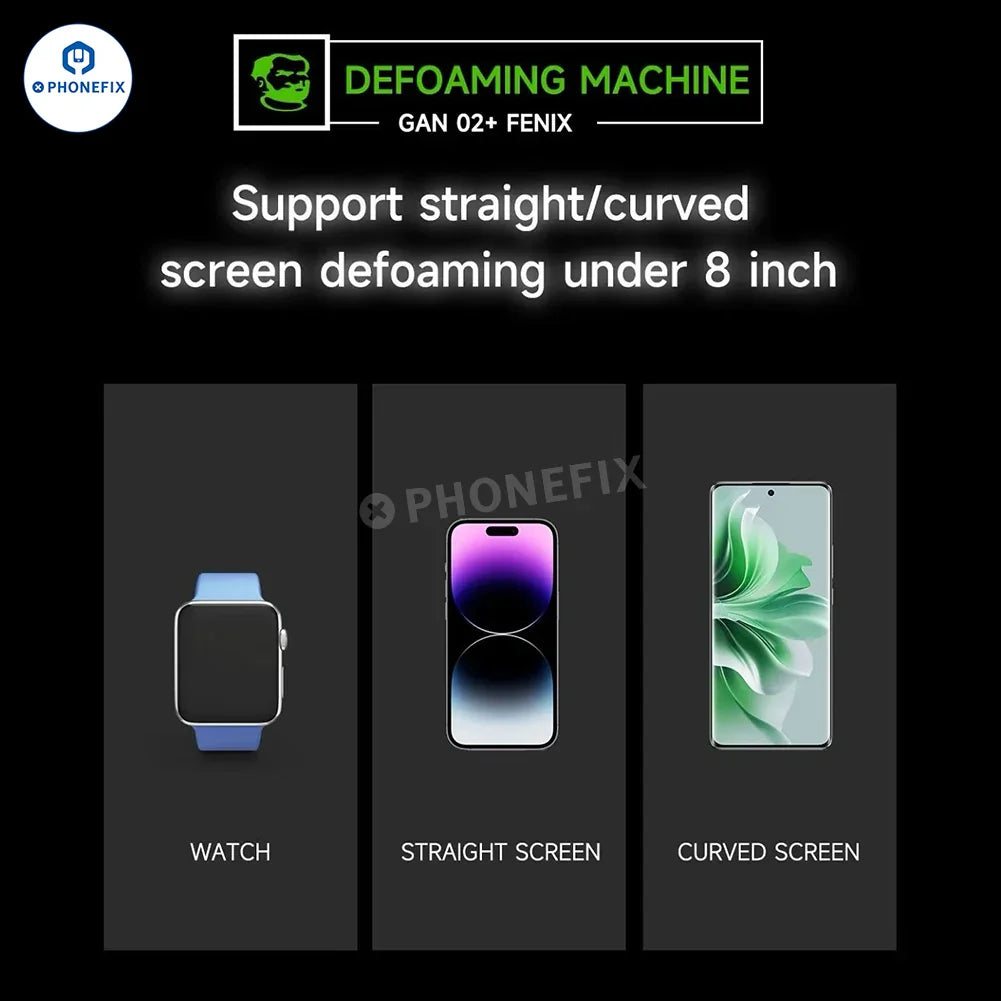 Mechanical GAN-02 Fenix Screen Bubble Remover Defoaming Machine for screen refurbishing, with control panel and cleaning components.