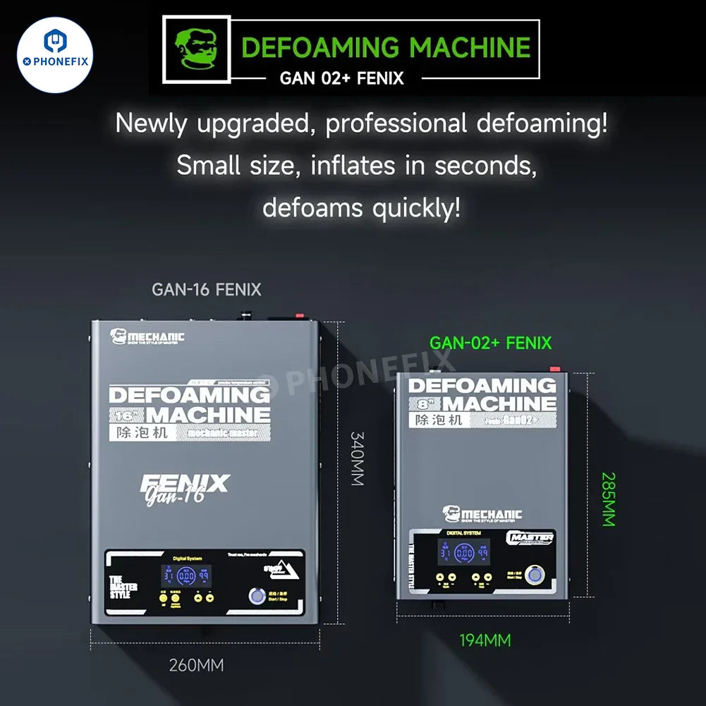 PhoneFix GAN-02 Fenix Screen Bubble Remover Defoaming Machine for screen refurbishing, with control panel and cleaning chamber visible.