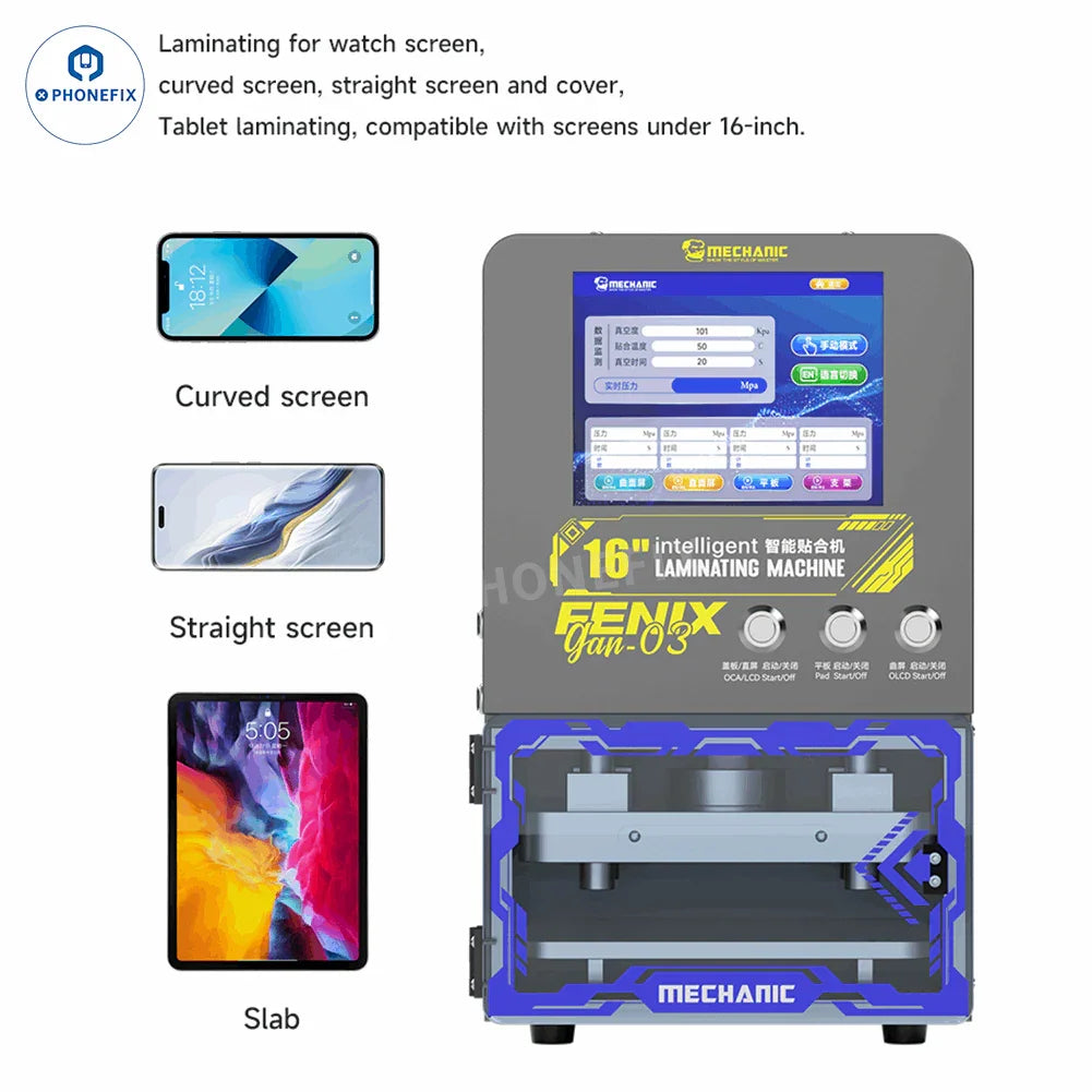 PhoneFix GAN-03 Fenix 16-inch screen laminating bubble remover, a screen refurbishing machine with 110V US plug.