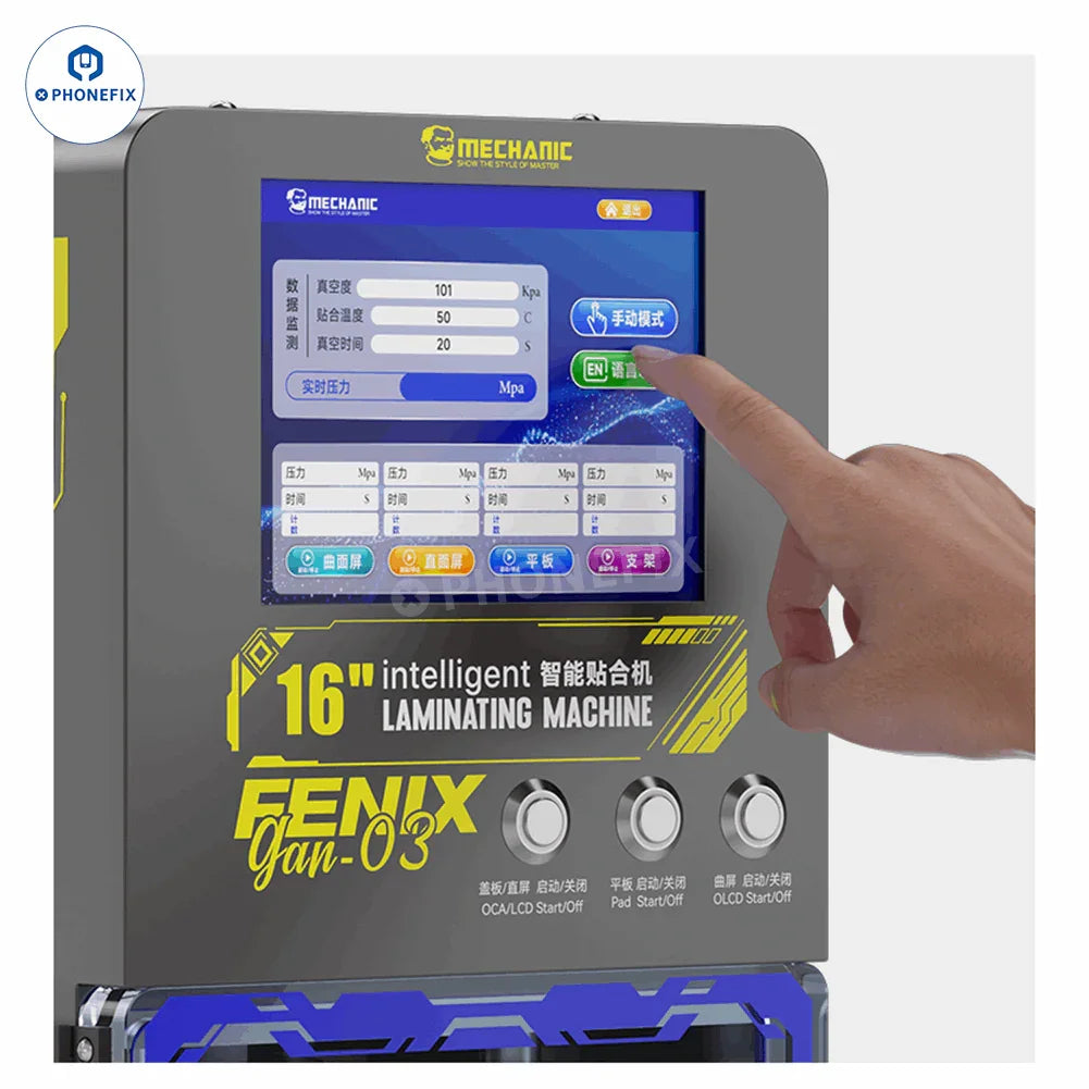 PhoneFix GAN-03 Fenix 16-inch screen laminating bubble remover for phone screen refurbishing, with 110V US plug.