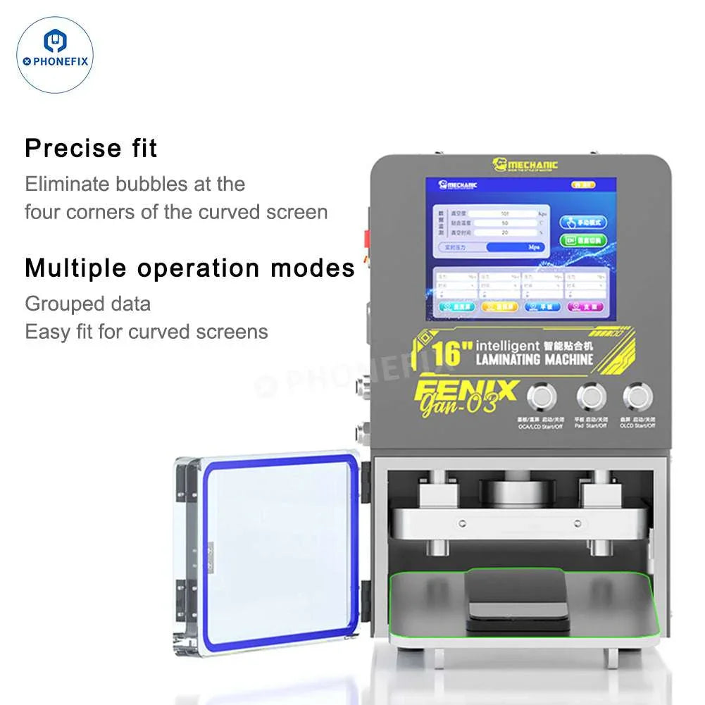PHONEFIX GAN-03 FENIX 16-inch screen laminating bubble remover, screen refurbishing machine for mobile device repair.