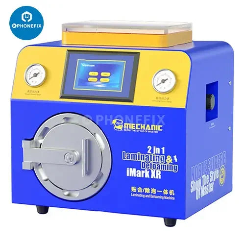 PhoneFix iMark XR laminating and debubbling machine for screen refurbishing, featuring compressor and pump for professional repair work.