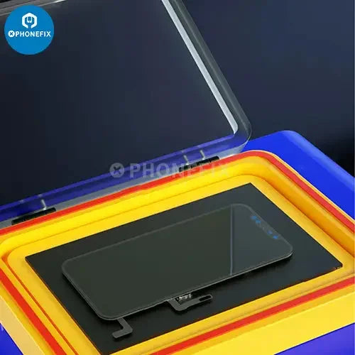 PhoneFix iMark XR laminating debubbling machine and compressor, screen refurbishing equipment for phone repair.