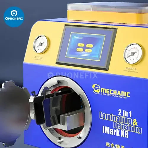 PhoneFix iMark XR laminating and debubbling machine for screen refurbishing, equipped with a compressor for professional repair work.