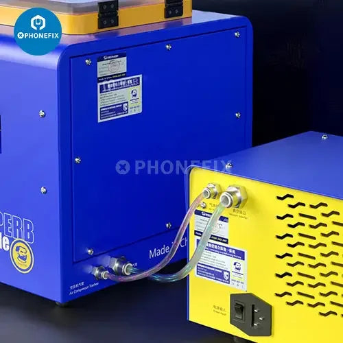 PhoneFix iMark XR laminating debubbling machine with compressor for screen refurbishing and repair processes.