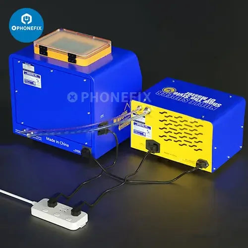 PhoneFix iMark XR laminating debubbling machine and compressor for screen refurbishing, 110V industrial repair equipment.