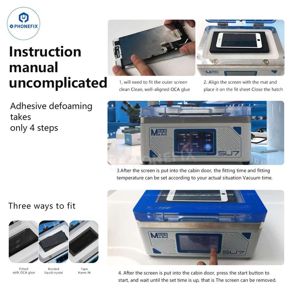 PhoneFix MaAnt SU7 T8 phone screen vacuum defoaming laminating machine used for screen refurbishing and repair.