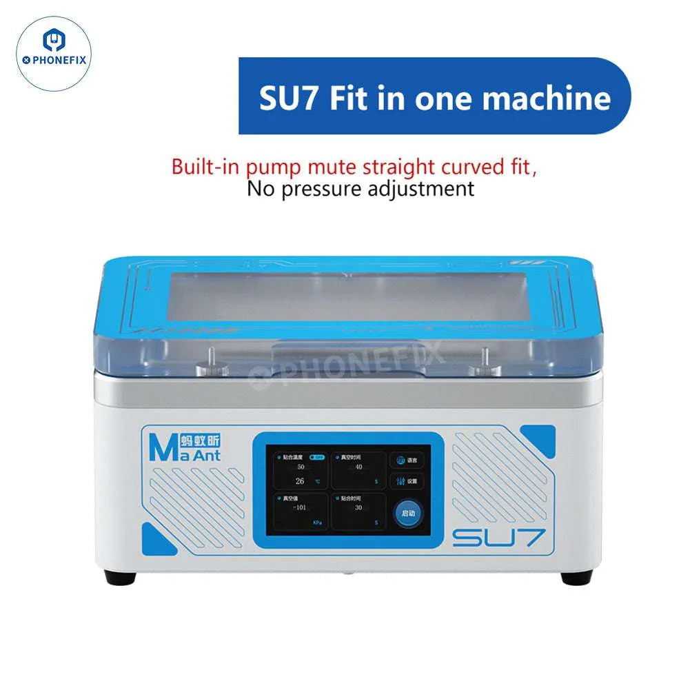 PHONEFIX MaAnt SU7 T8 phone screen vacuum laminating machine for screen refurbishing, showing the device in use.