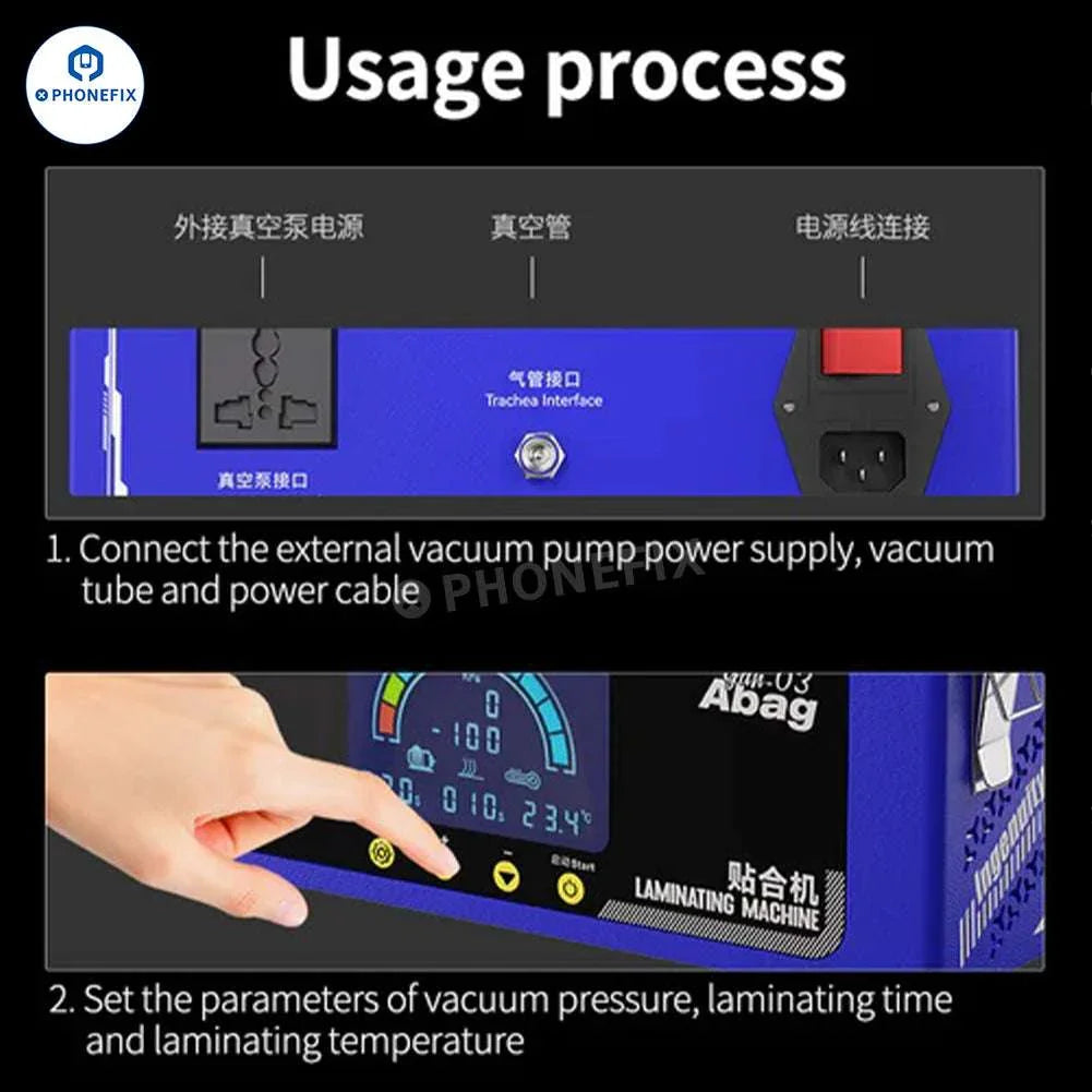 PHONEFIX MECHANIC Gan-03 Abag laminating machine for 8-inch flat and edge screens used in screen refurbishing.