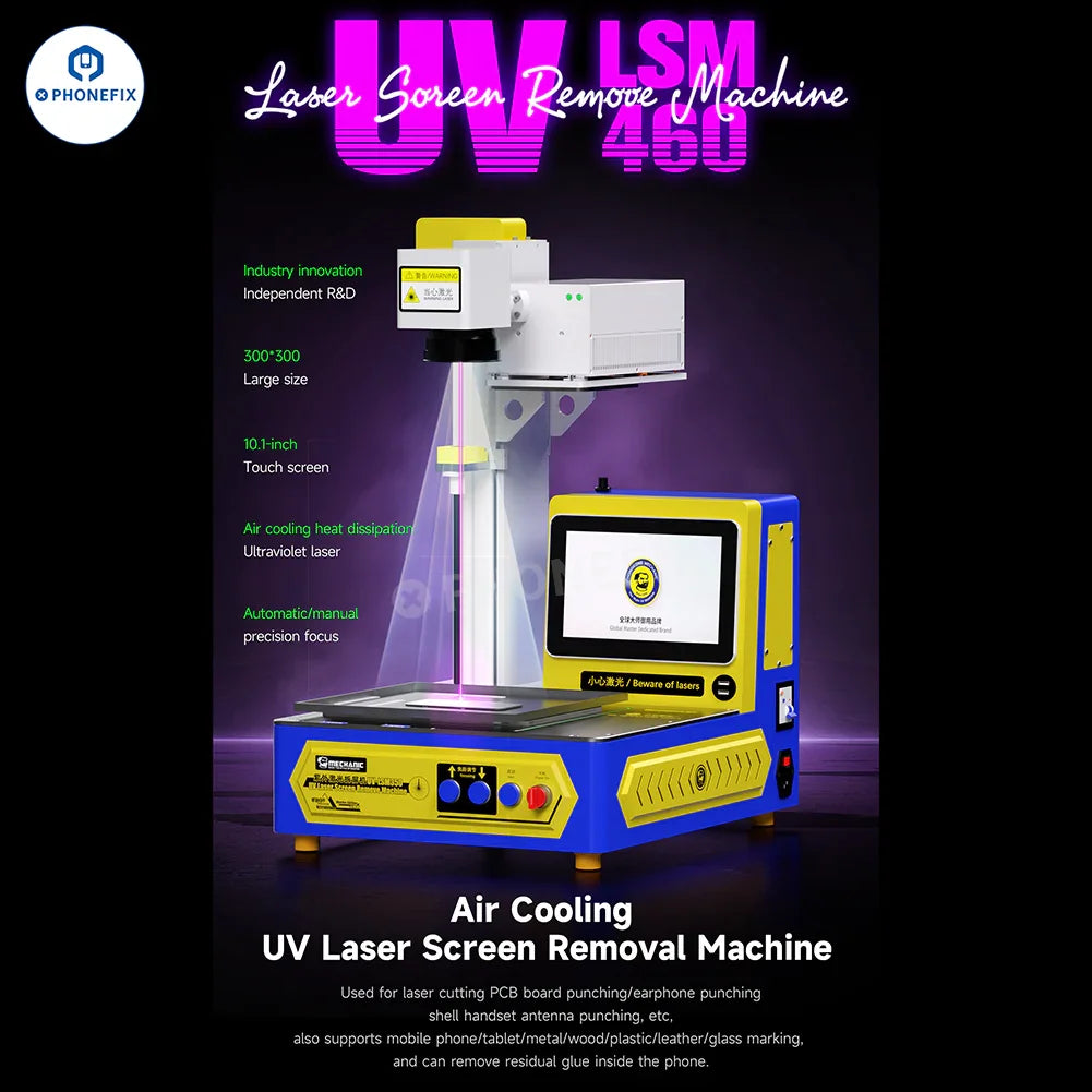 Máquina separadora de pantallas de teléfono láser UV PHONEFIX para la extracción del cristal trasero, utilizada en procesos de reacondicionamiento de pantallas.