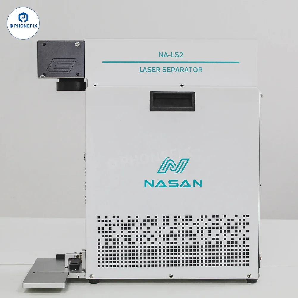 Phonefix NASAN NA-LS1/LS2 back glass laser separator machine for phone screen refurbishing, shown in a professional workshop setting.