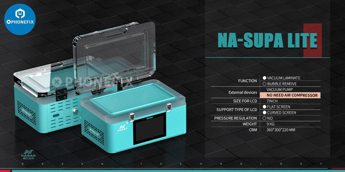 Nasan NA-SUPA Lite Max LCD laminating bubble removal machine for screen refurbishment, branded PHONEFIX, with control panel and LCD display.