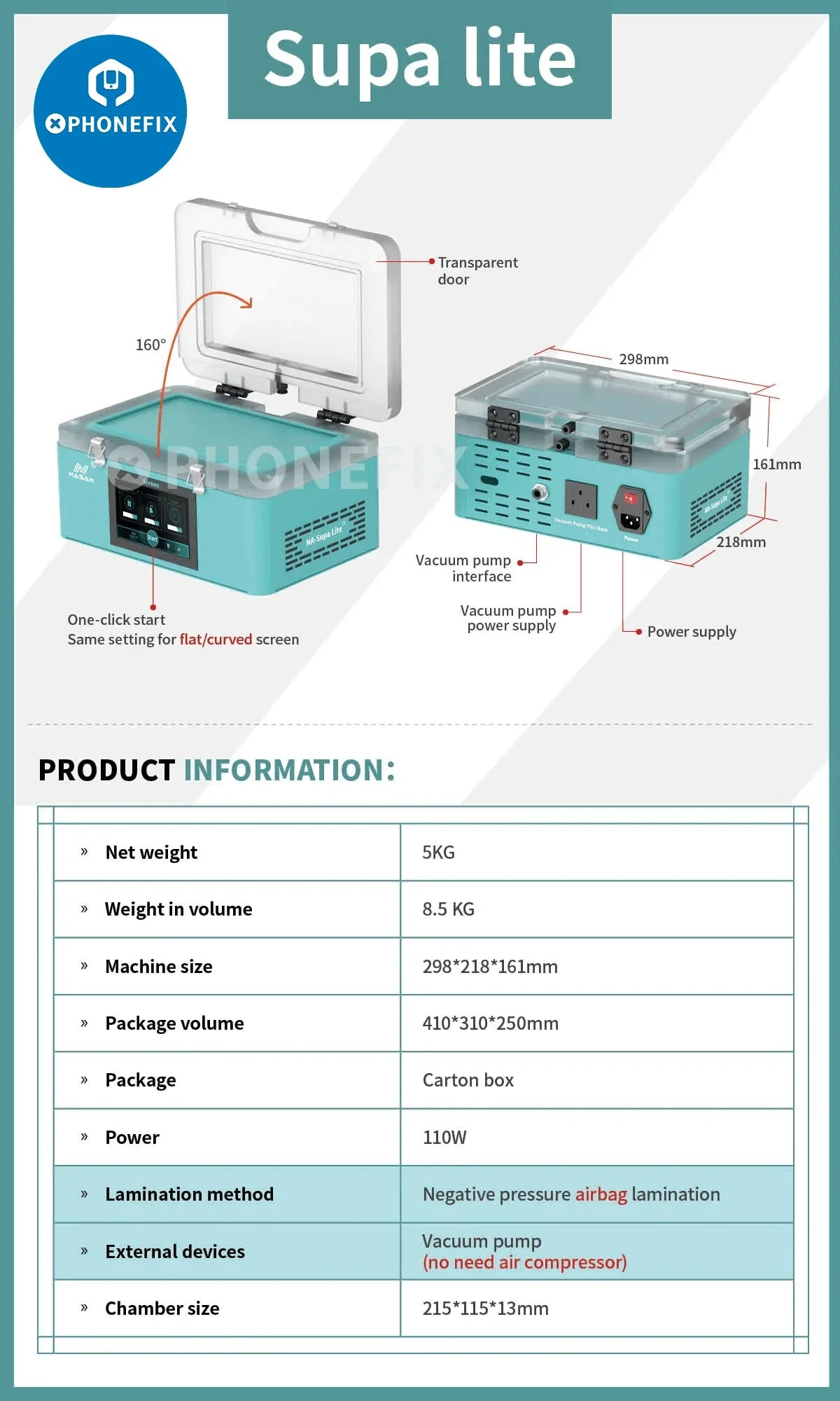 Nasan NA-SUPA Lite Max LCD screen refurbishing machine by PHONEFIX with LCD laminating and bubble removal features.