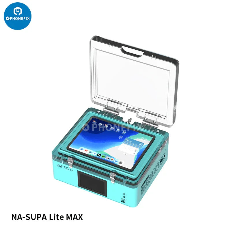 Nasan NA-SUPA Lite Max LCD laminating bubble removal machine for screen refurbishing, branded PHONEFIX, with LCD display and control panel.