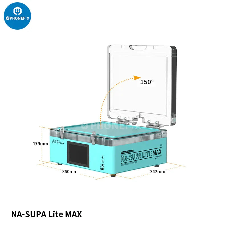 Nasan NA-SUPA Lite Max LCD laminating bubble removal machine by PHONEFIX for screen refurbishing, shown in a workspace setting.