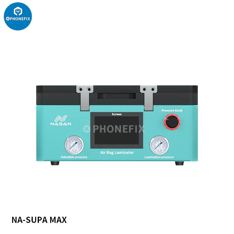 Nasan NA-SUPA Lite Max LCD laminating bubble removal machine for screen refurbishing, by PHONEFIX, shown in a clean workspace.