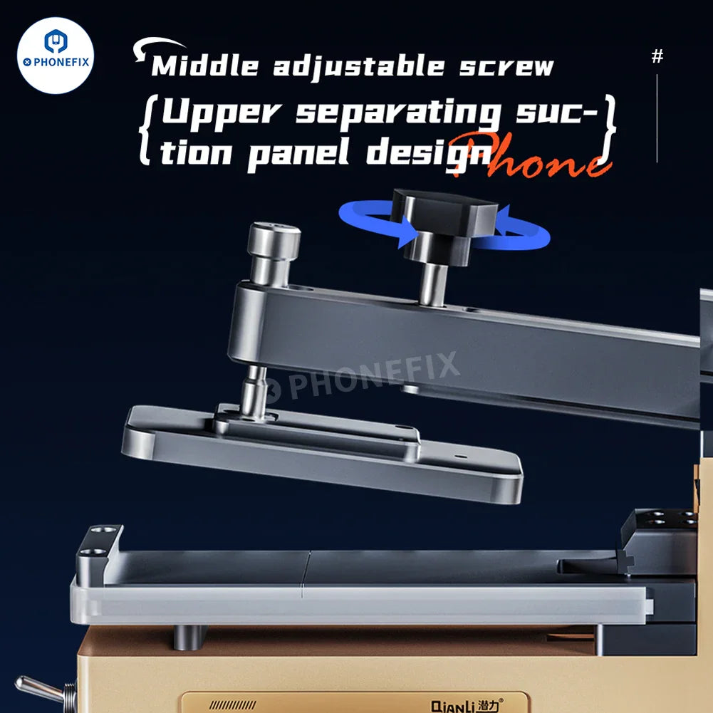 PHONEFIX QianLi PM86 PM361 phone screen frame back cover separator for screen refurbishing machine, with device and tools visible.