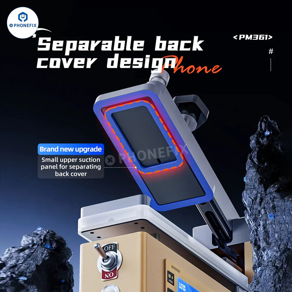 PhoneFix QianLi PM86 PM361 screen frame back cover separator for phone screen refurbishing machine, showing device with components.