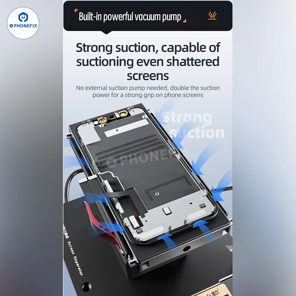 PhoneFix QianLi PM86 PM361 screen frame back cover separator for phone screen refurbishing machine, with device and tools visible.
