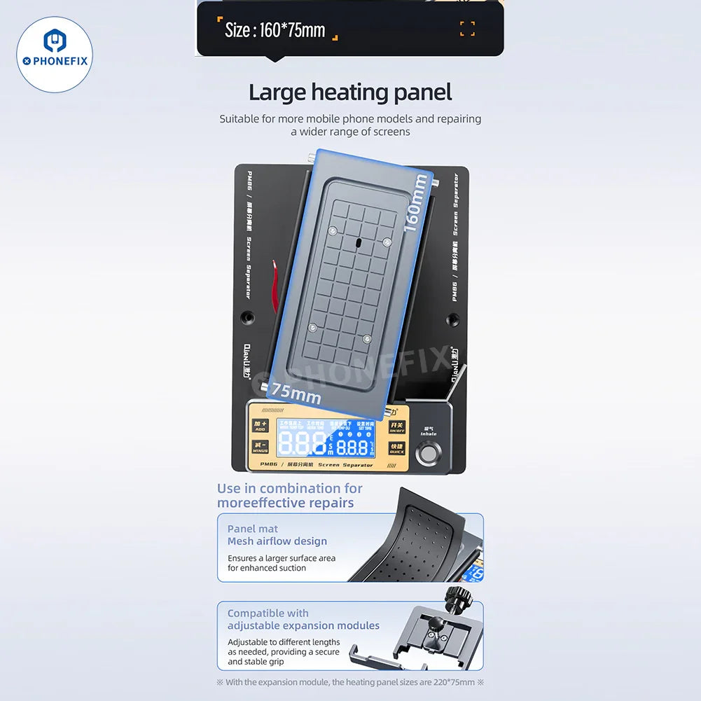 PhoneFix QianLi PM86 PM361 phone screen frame and back cover separator, professional screen refurbishing machine for phone repair.
