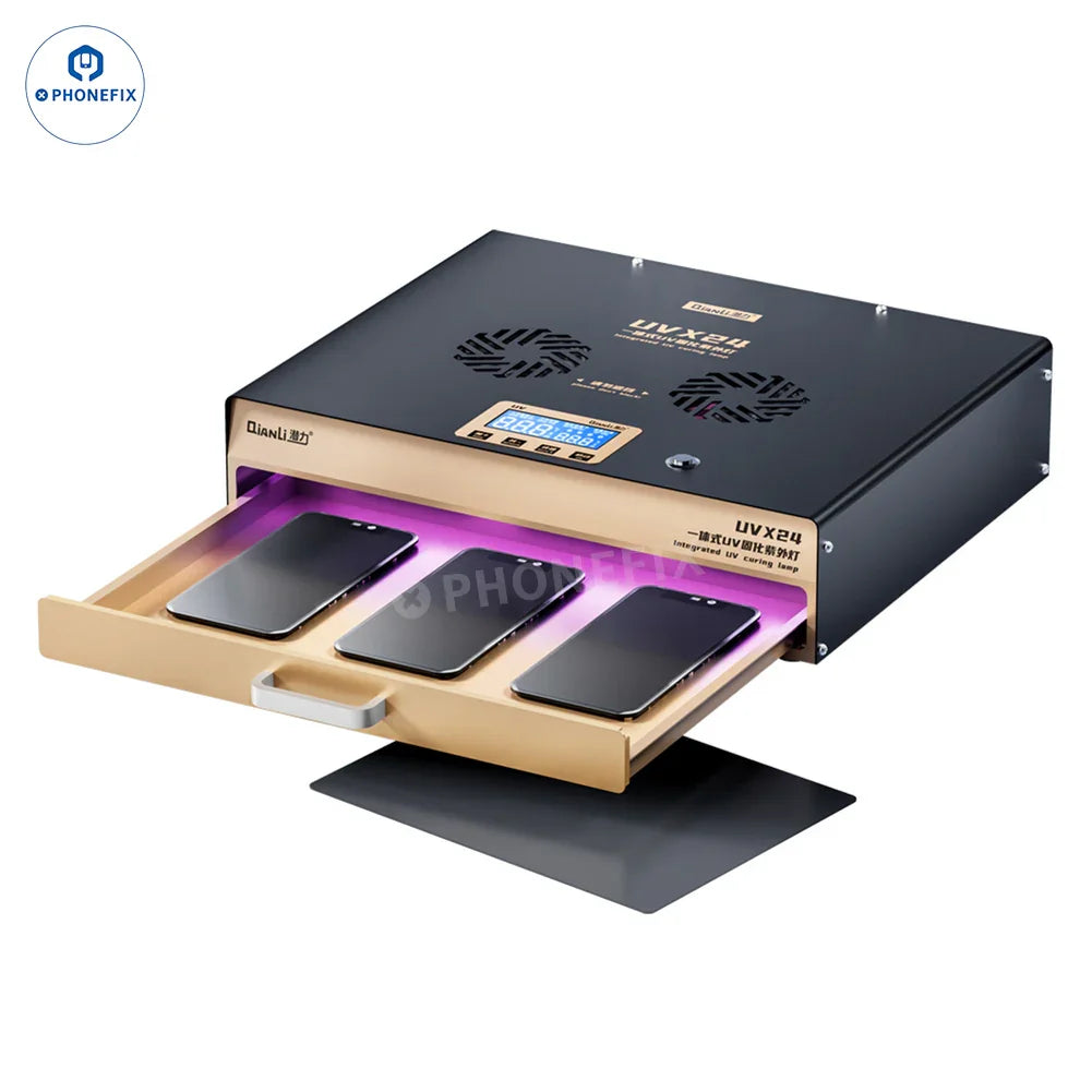 PhoneFix QIANLI UVX24 16-inch UV curing lamp box for phone and tablet screens, used in screen refurbishing and repair.